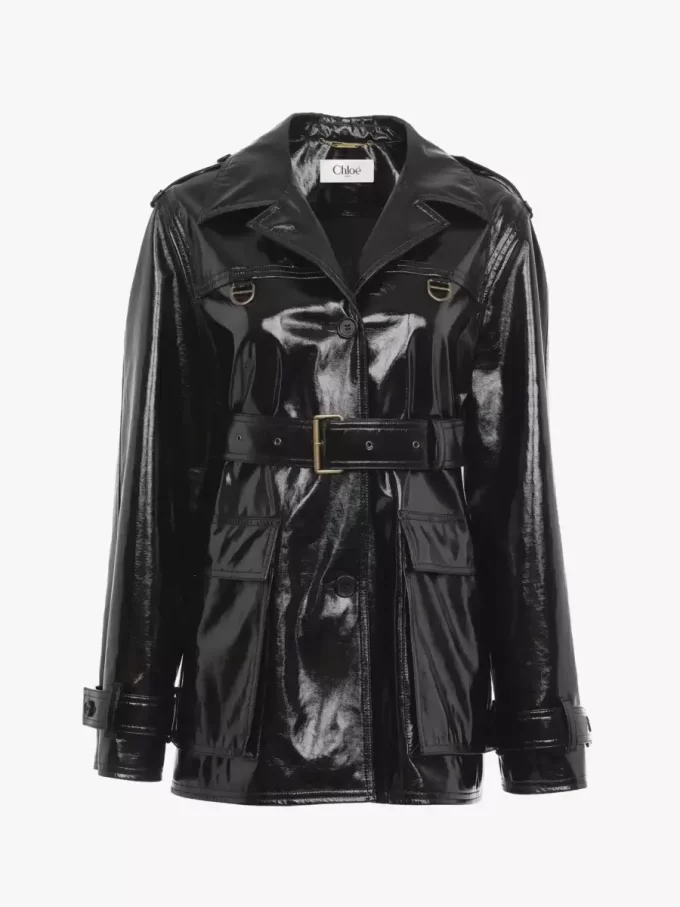 Belted jacket in shiny coated cotton