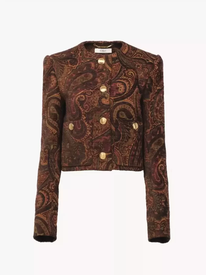 Boxy collarless jacket in tapestry jacquard