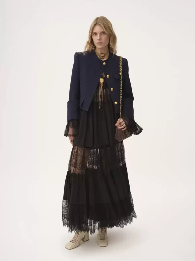 Boxy collarless jacket in wool check