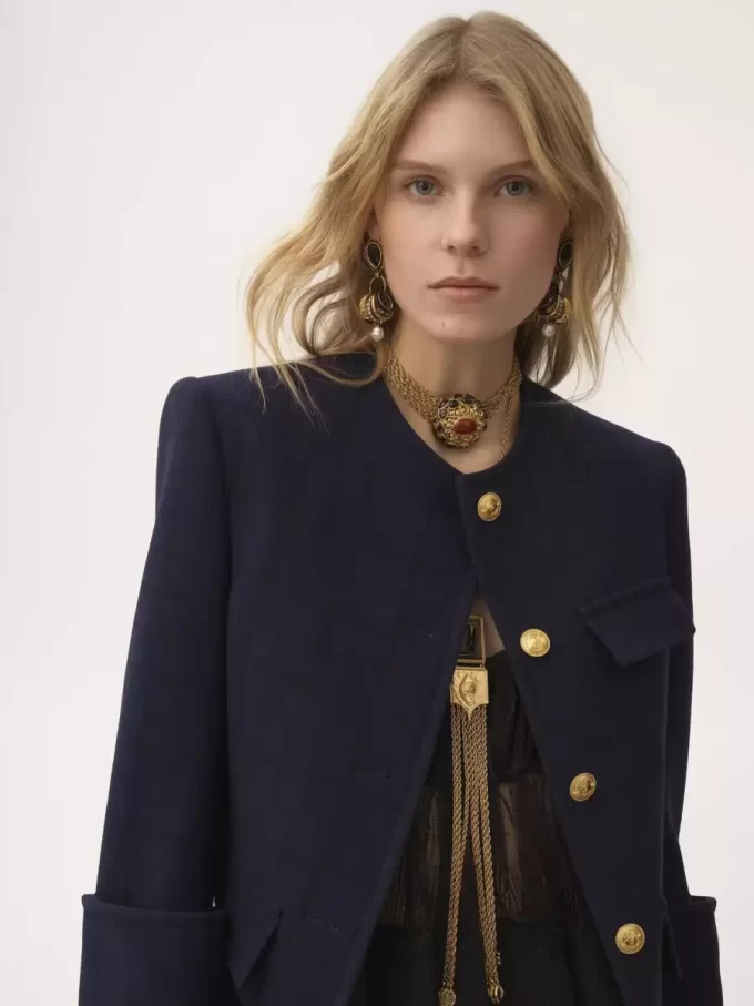 Boxy collarless jacket in wool check