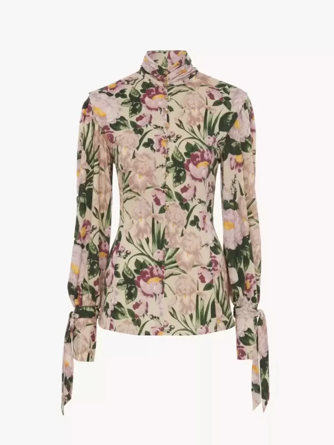 Buttoned mock-neck top in wool jersey