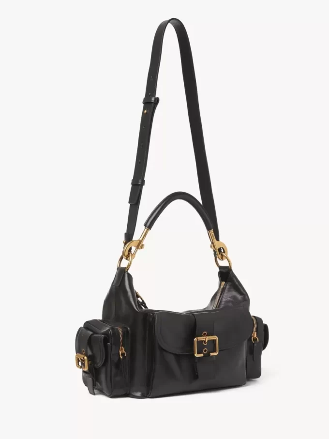 Camera bag in shiny leather