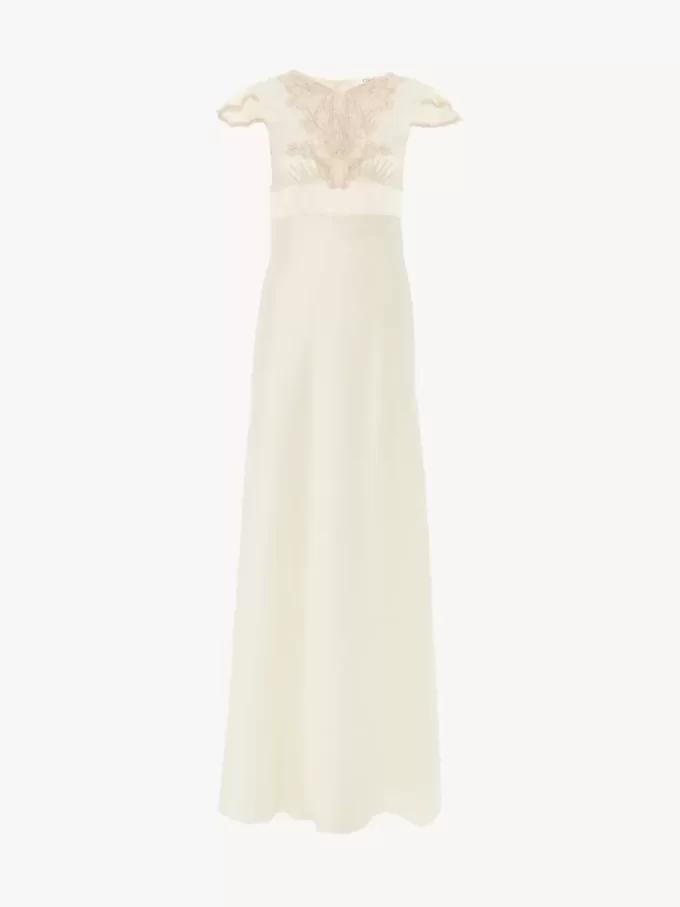 Cap-sleeve column dress in washed silk satin & lace