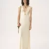 Cap-sleeve column dress in washed silk satin & lace