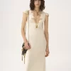 Cap-sleeve column dress in washed silk satin & lace