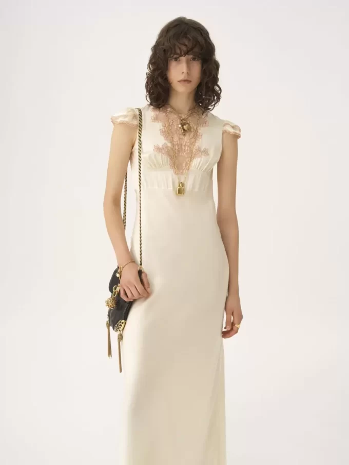 Cap-sleeve column dress in washed silk satin & lace