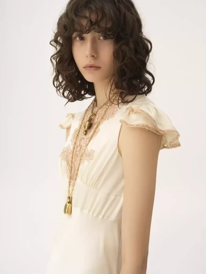 Cap-sleeve column dress in washed silk satin & lace