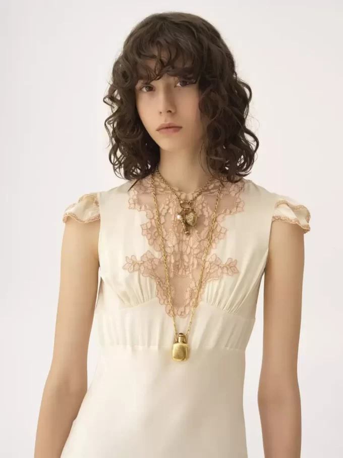 Cap-sleeve column dress in washed silk satin & lace