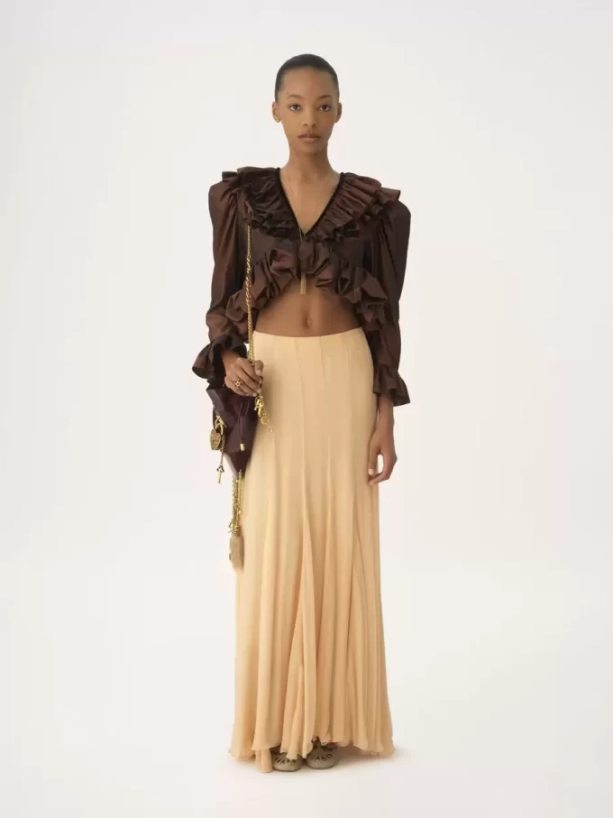 Cropped V-neck ruffle top in washed silk taffeta