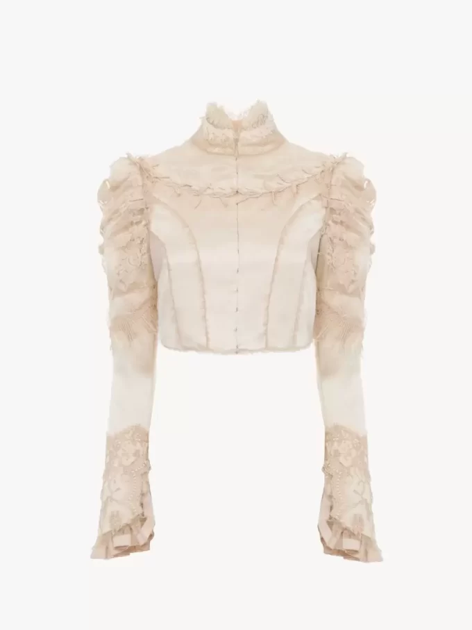 Cropped fitted jacket in silk duchess satin & lace