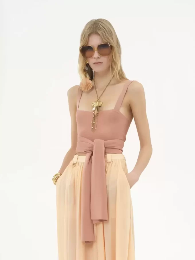 Cropped front-tie tank top in shiny viscose knit