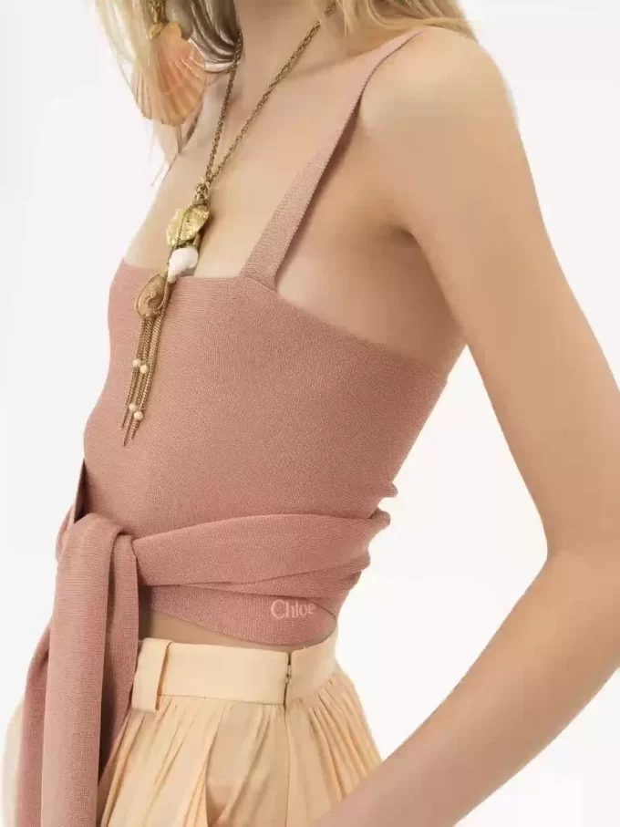 Cropped front-tie tank top in shiny viscose knit