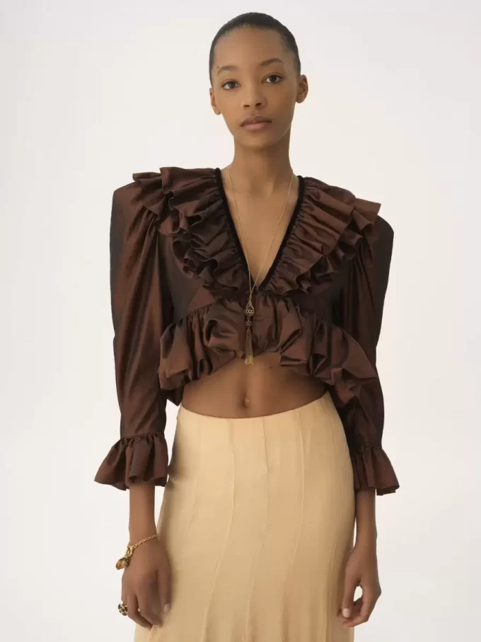 Cropped V-neck ruffle top in washed silk taffeta