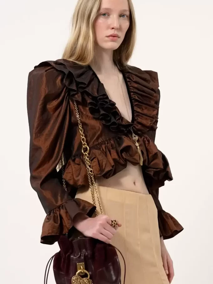 Cropped V-neck ruffle top in washed silk taffeta