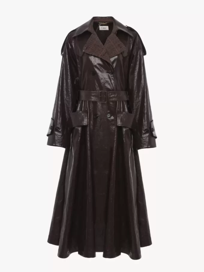 Double-breasted long riding coat in coated linen