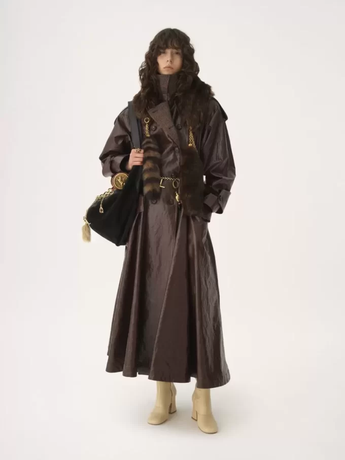 Double-breasted long riding coat in coated linen