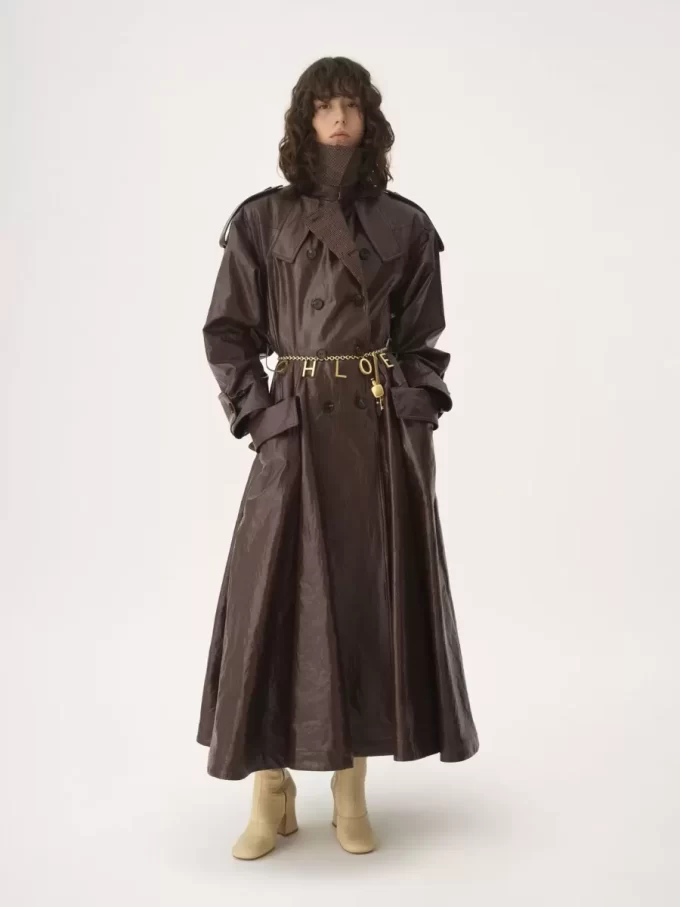 Double-breasted long riding coat in coated linen
