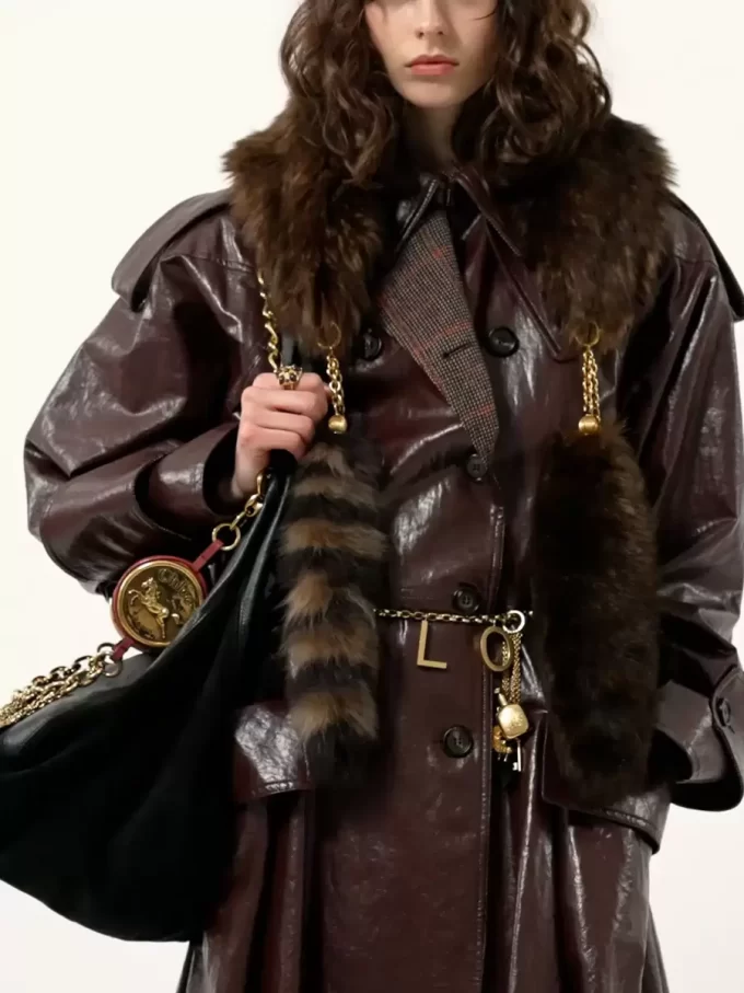 Double-breasted long riding coat in coated linen