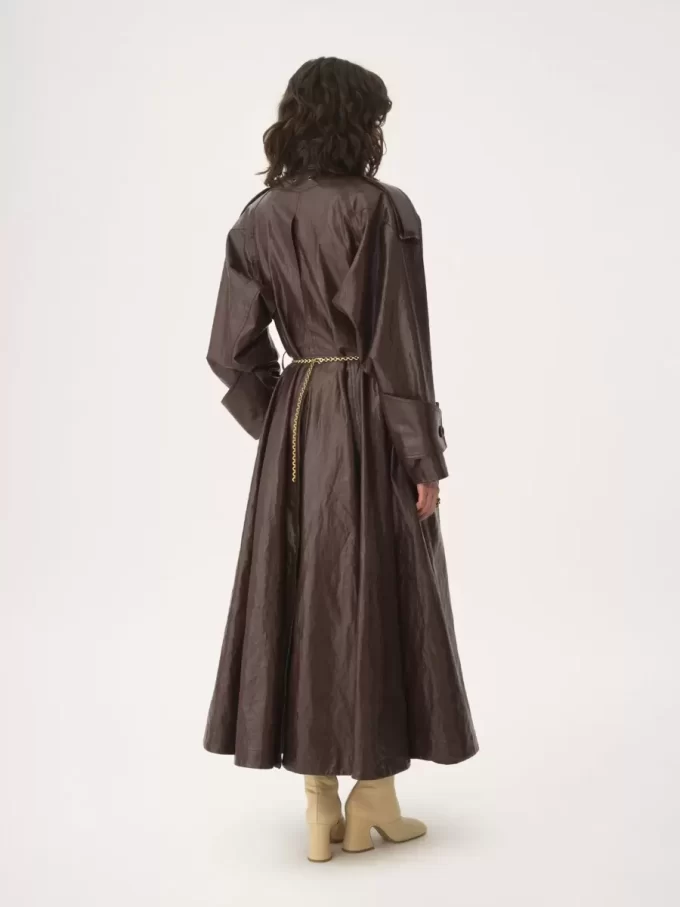 Double-breasted long riding coat in coated linen