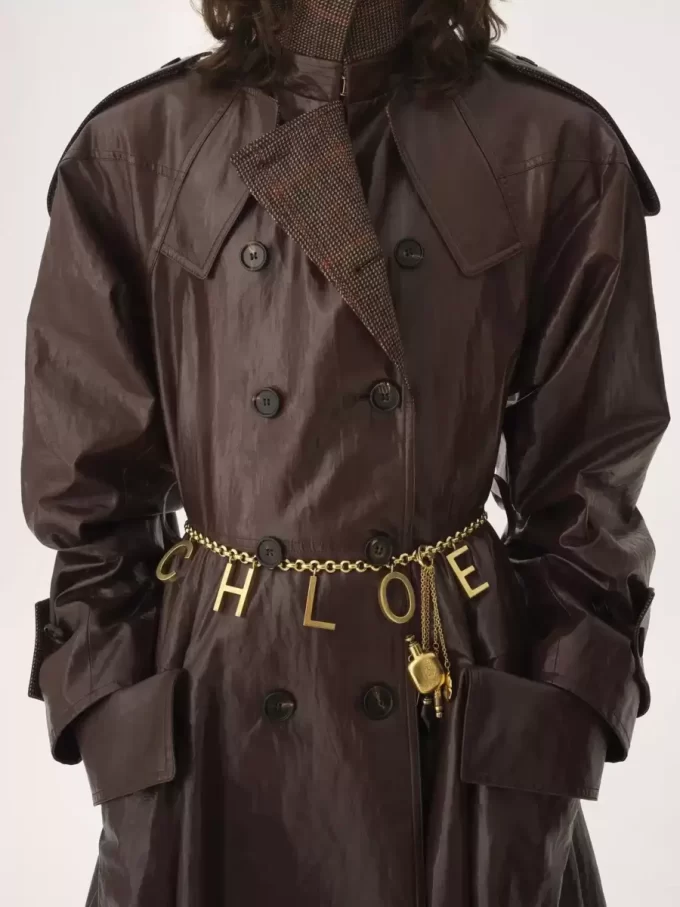 Double-breasted long riding coat in coated linen