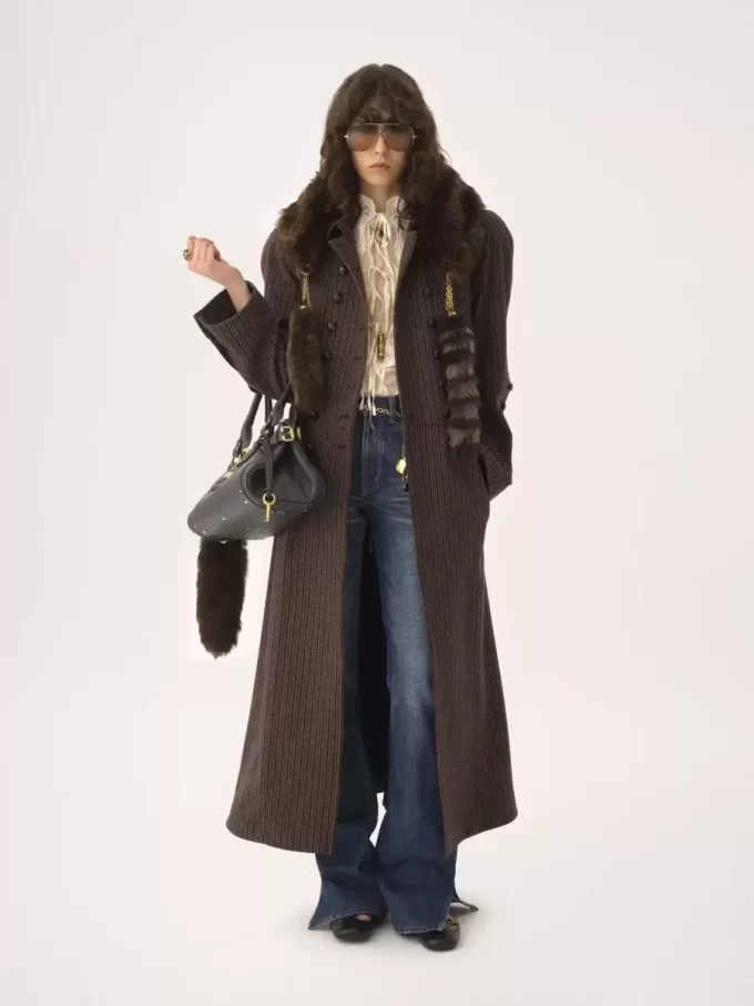 Double-breasted riding coat in houndstooth wool