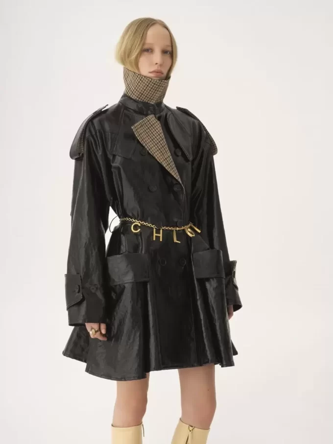 Double-breasted short riding coat in coated linen