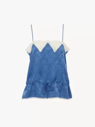 Drawstring camisole top in silk jacquard & lace