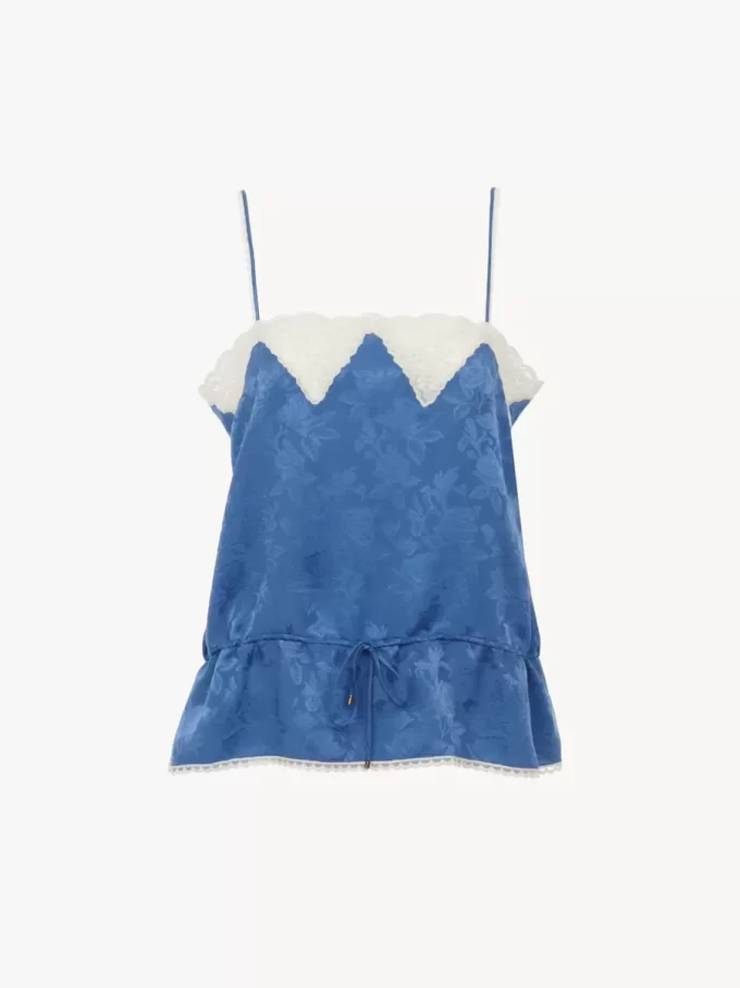 Drawstring camisole top in silk jacquard & lace