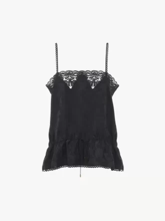 Drawstring camisole top in silk jacquard & lace