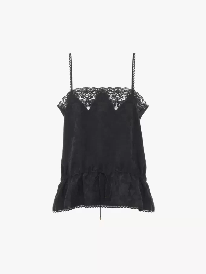 Drawstring camisole top in silk jacquard & lace