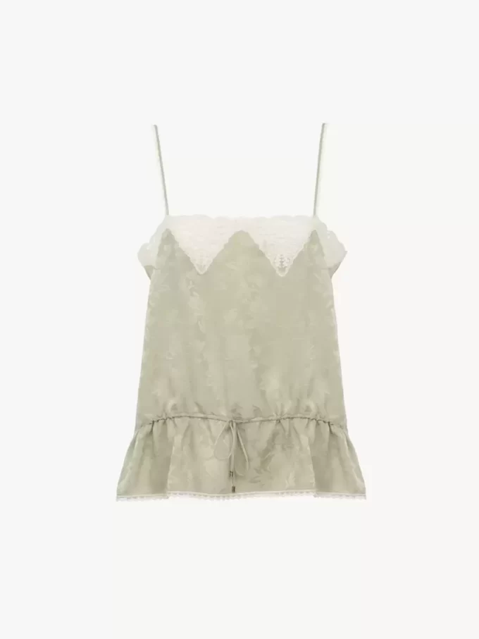 Drawstring camisole top in silk jacquard & lace