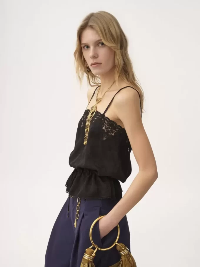 Drawstring camisole top in silk jacquard & lace