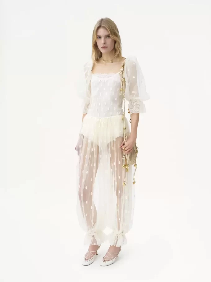 Drawstring pants in embroidered lace