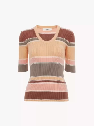 Elbow-sleeve fitted logo top in cotton knit