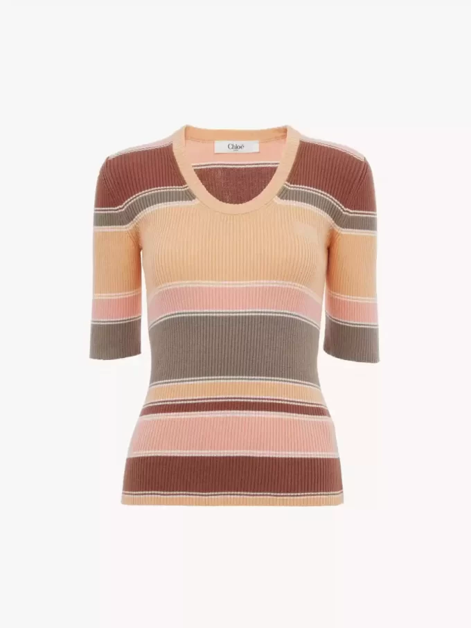 Elbow-sleeve fitted logo top in cotton knit