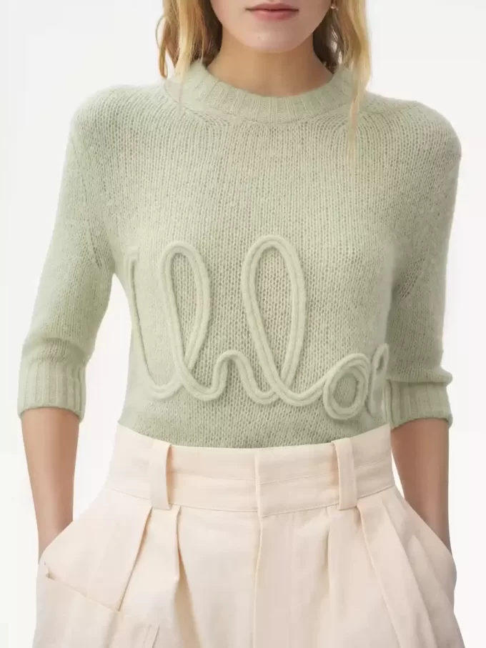 Elbow-sleeve logo sweater in alpaca wool & silk knit