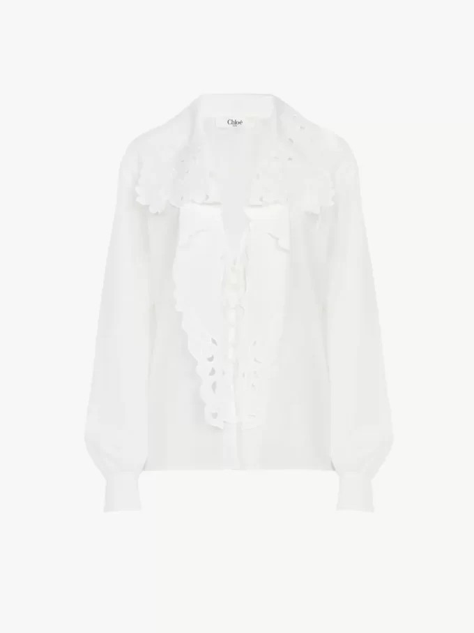 Embroidered lavallière shirt in cotton poplin