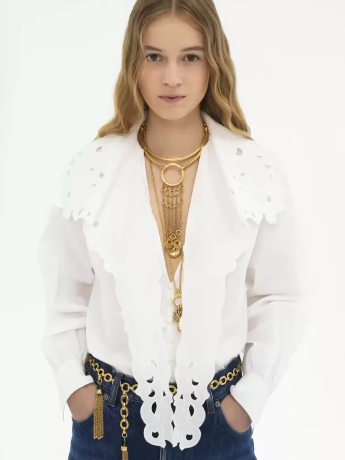 Embroidered lavallière shirt in cotton poplin