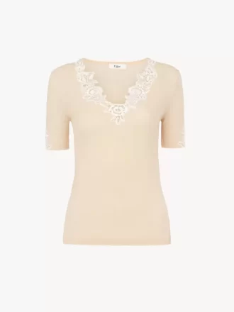 Fitted short-sleeve top in guipure lace wool knit