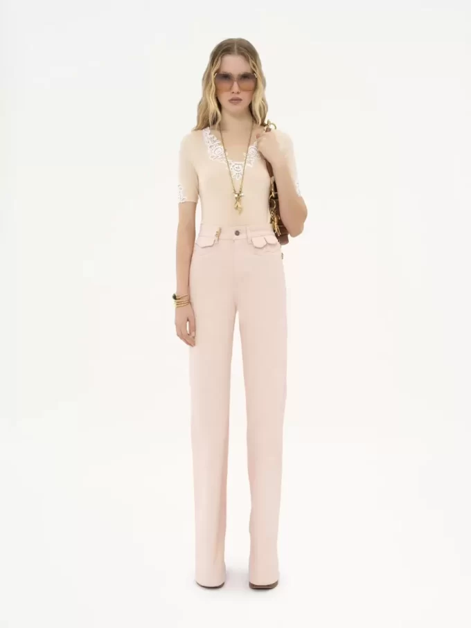 Fitted short-sleeve top in guipure lace wool knit