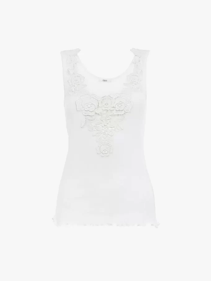 Fitted tank top in cotton jersey & guipure