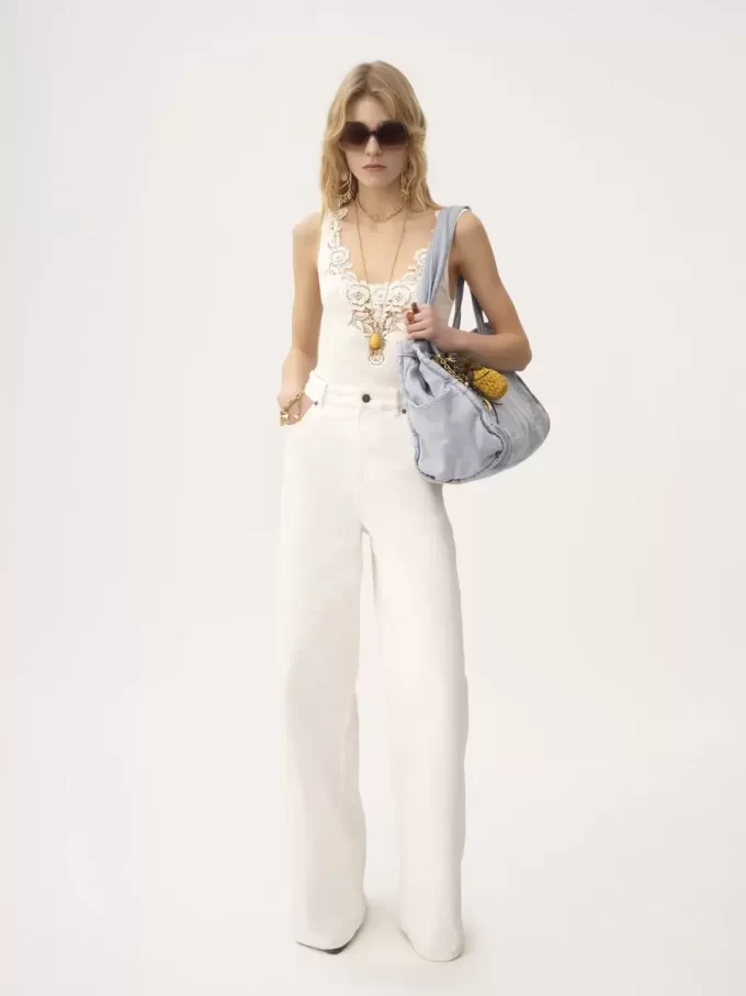 Fitted tank top in cotton jersey & guipure