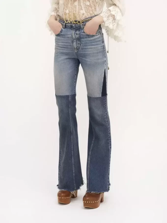 Flared patchwork jeans in denim