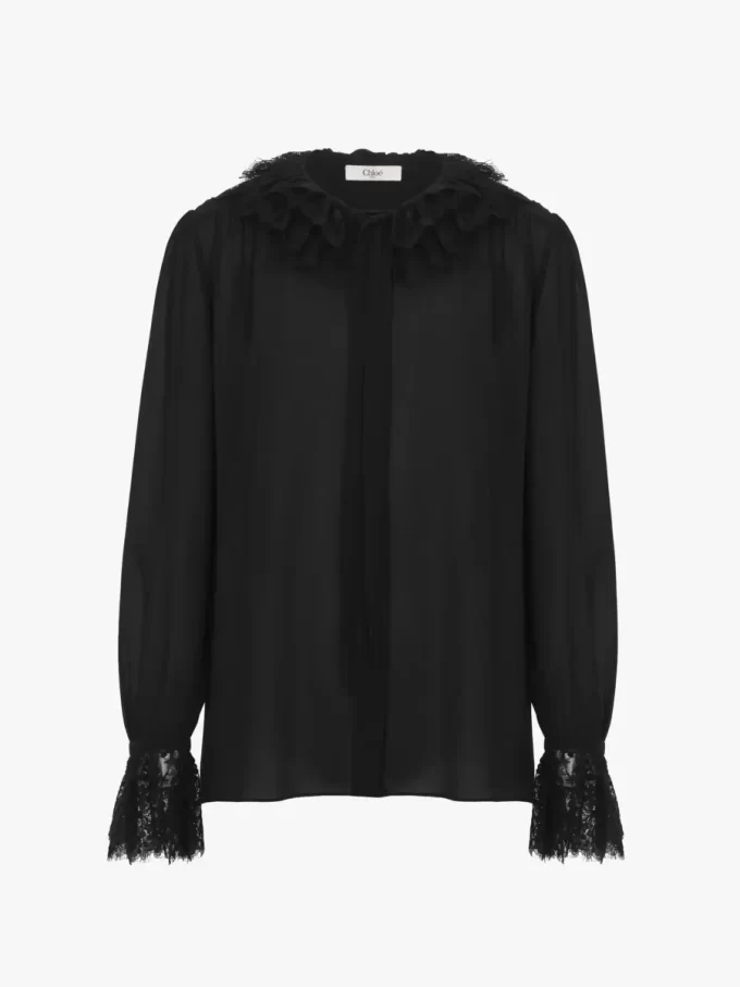 Fluid blouse in silk georgette & lace