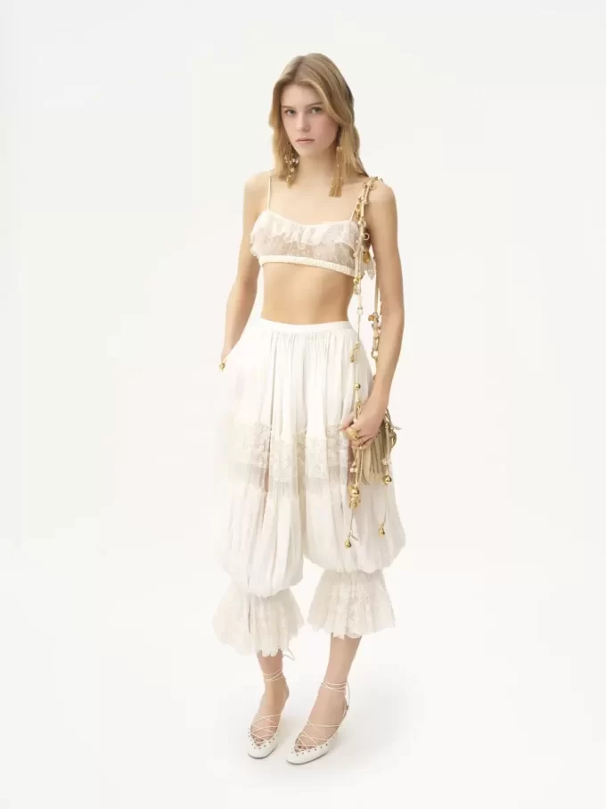 Fluid cropped pants in silk charmeuse & lace