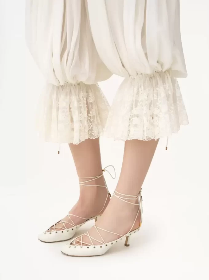 Fluid cropped pants in silk charmeuse & lace