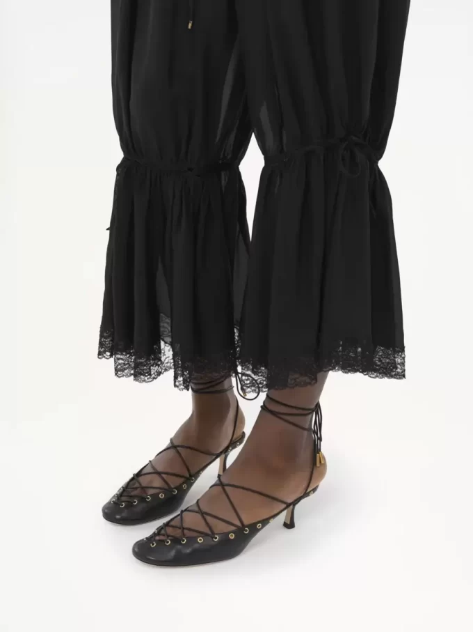 Fluid cropped pants in silk charmeuse & lace