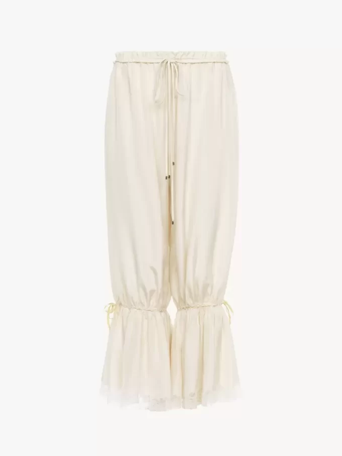 Fluid cropped pants in washed silk pongé & lace