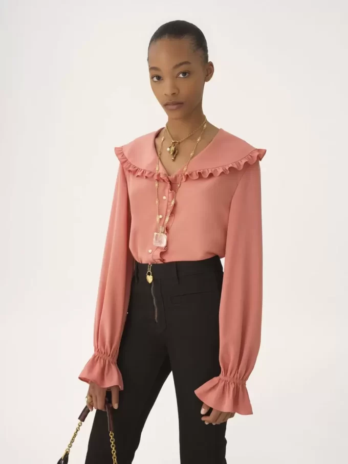 Fluid ruffle blouse in crêpe de chine