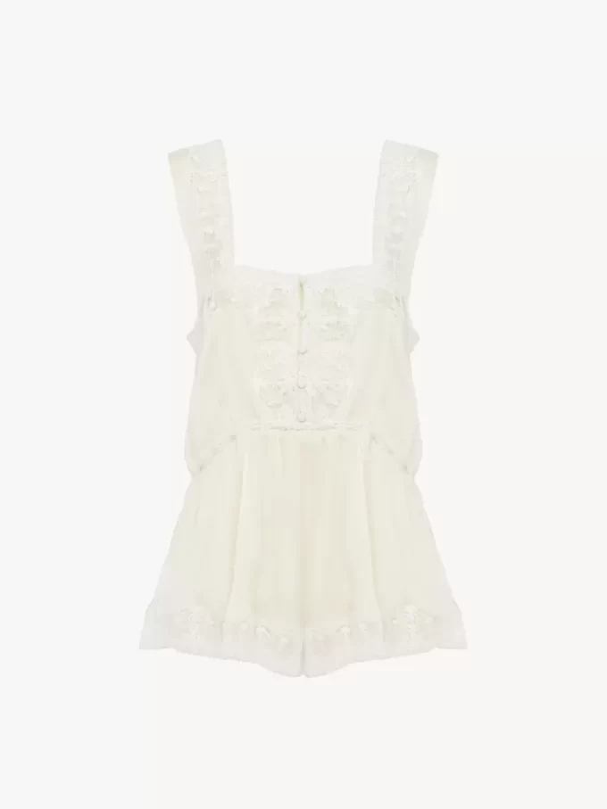 Fluid tank top in silk charmeuse & lace